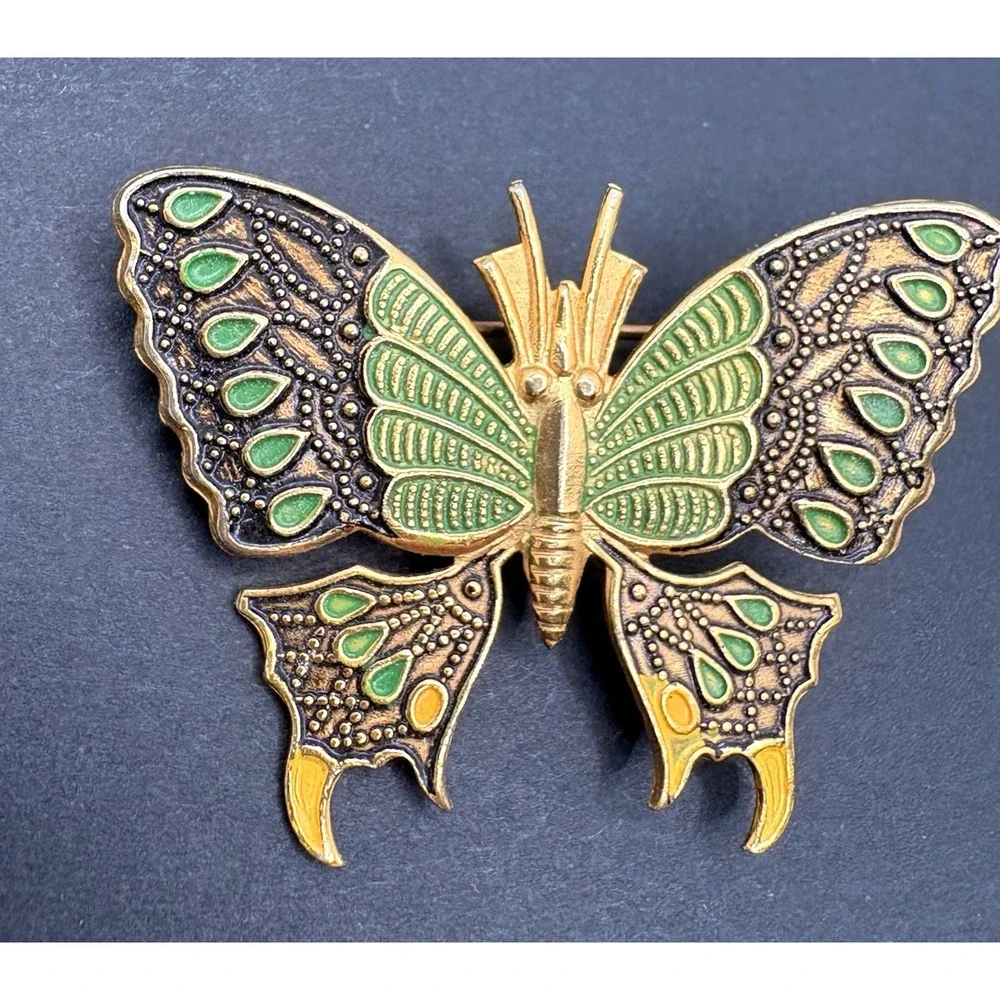 Vintage Damascene Butterfly Green Enamel Brooch Made in Spain Retro